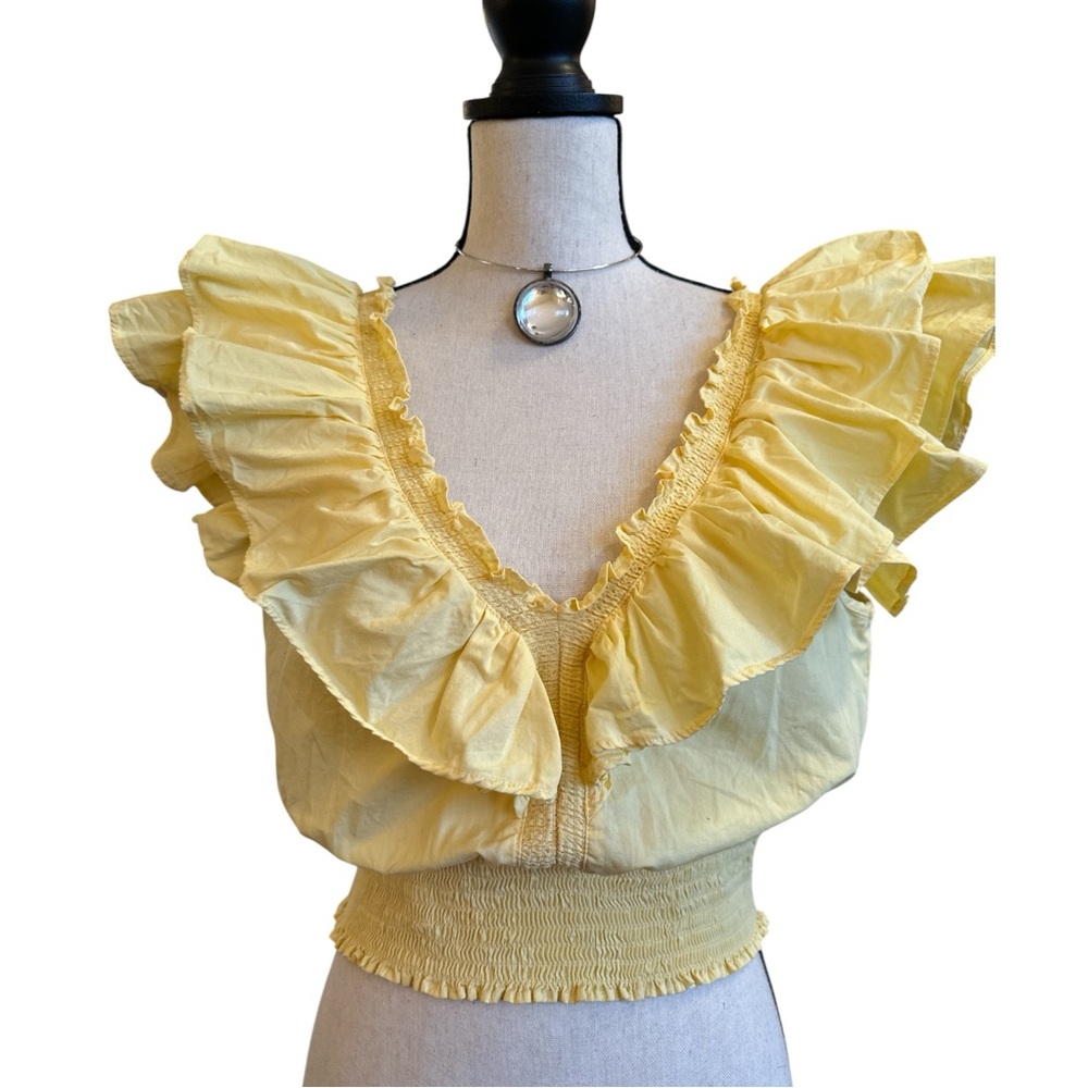 Yellow Ruffle V-Neck Smocked Crop Top Boho Coquette 100% Cotton | S/M